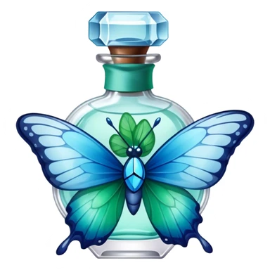 A glass perfume bottle with a soft blue ribbon tied around its neck, with a green and blue butterfly nearby. sticker