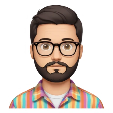 a 30-year-old man with light skin, medium solid build, wide face, soft cheeks, rounded jawline, neutral relaxed expression, short dense full beard, wavy voluminous brown-black hair at the front, large rectangular black thick frame glasses, colorful button-up shirt open showing white t-shirt sticker