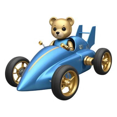  Metallic blue and gold-accented  kid-sized racing car for furry-faced grey bearded evil scary robot teddy bear with custom aero body and rear wing and motorcycle-sized wheels  sticker
