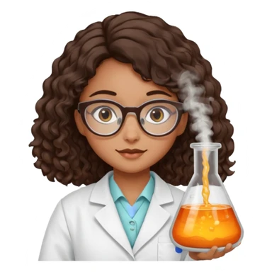 realistic bratz doll with long loose curly dark brown hair, glasses that are round cat eye vibes, in a lab coat mixing beakers that glow shes a 4th grade girl sticker