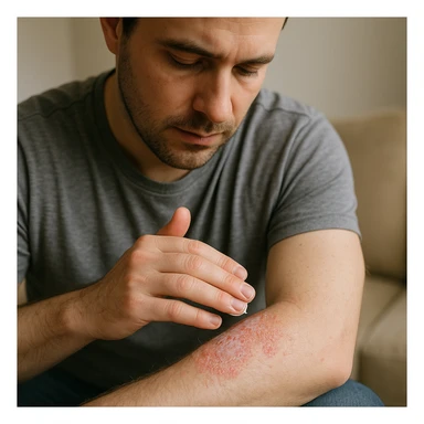 realistic image of a man applying cream to his skin for dermatitis, showing affected area on arm or leg, medical and respectful context, no explicit details sticker