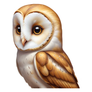 Cinematic Cute Barn Owl Portrait Emoji, Head tilted playfully and inquisitively, featuring a softly mottled Fur of white and brown with delicate feather patterns, round, sparkling amber eyes filled with curious wonder, Simplified yet irresistibly adorable features, highly detailed, glowing with a warm, friendly glow, high shine, affectionate and gentle, stylized with a touch of barnyard whimsy, bright and endearing, soft glowing outline, capturing the essence of a mischievous yet loving owl, so playful it feels like it could swoop out of the screen and into your arms! sticker