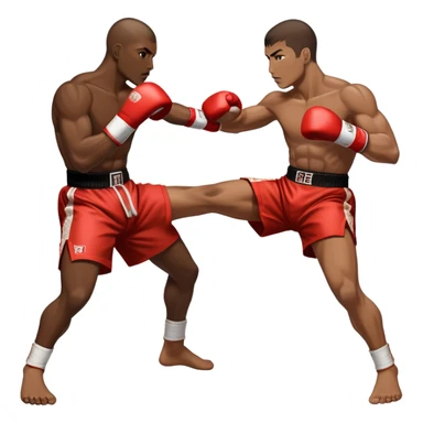 An icon showcasing a kickboxer in action, using precise techniques with both feet and elbows. One fighter delivers a powerful kick to the opponent's legs, while the other counters with an elbow strike. The background features a ring and a dynamic atmosphere. Transparent background  sticker