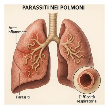 realistic medical illustration of a cross-section of lungs showing parasites causing respiratory problems, with inflamed areas and visual cues for breathing difficulty, educational and respectful, labeled in Italian, no explicit details sticker