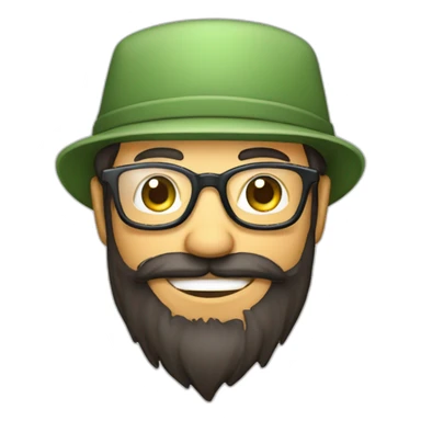 happy gardener face long dark beard and short dark hair with little transparent glasses and a hat sticker