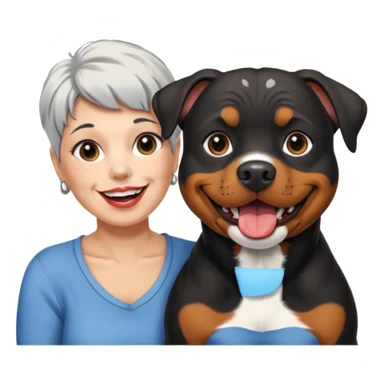 Pitt bull rottweiler white muzzle with black spots tongue out next to one older woman with short silver hair sticker