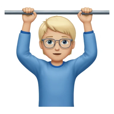 Wygeneruj mi emotke chłopaka o włosach blond z niebieskimi oczami w okularach, który podciąga się na drążku sticker