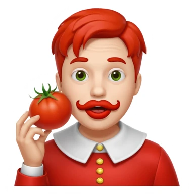 funny theater actor character who ate tomatoes, tomato sauce around mouth, dramatic expression, stage costume collar, 3D cartoon, mobile game icon style, clean background, no text, no watermark
 sticker