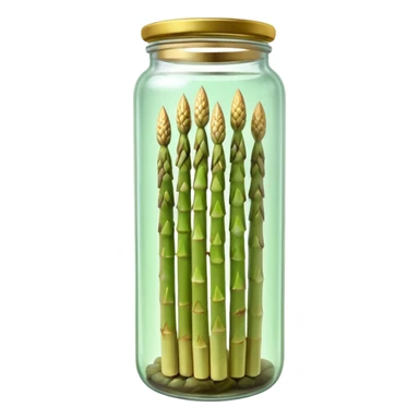 tall clear glass jar filled with upright pale white or green asparagus spears submerged in brine, sealed metallic lid gold or green, slim smooth spears neatly arranged tips upward, no label plate or extras, soft lighting, subtle shadows, transparent background, emoji scale sticker