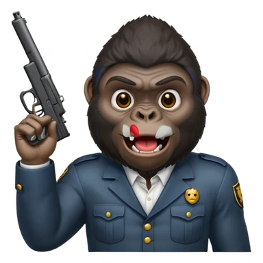 A gorilla holding a gun in the air making a silly face sticker