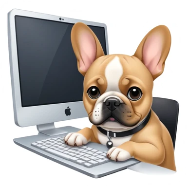 Fawn Frenchie with black muzzle working behind computer sticker