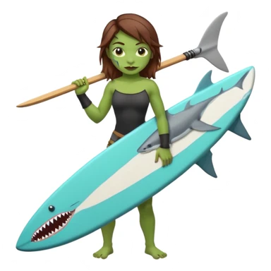 orc female holds a little surfboard with a shark painted vertically in his hands sticker