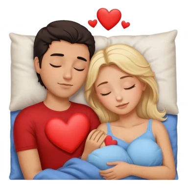 Sleeping romance couple. man has dark hair. woman is blonde. hearts around them. no third person. sticker