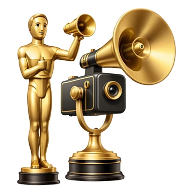 Professional icon for Directing: a cinematic collage with a film camera, a megaphone and an Oscar statuette. The icon should convey the prestige and creative mastery of directing, with a focus on film production and recognition. Transparent background. sticker