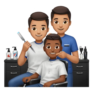 Barber cutting teenage boys hair. Show the boy sat in black barber chair and both having smiles on their faces. Both have dark hair sticker