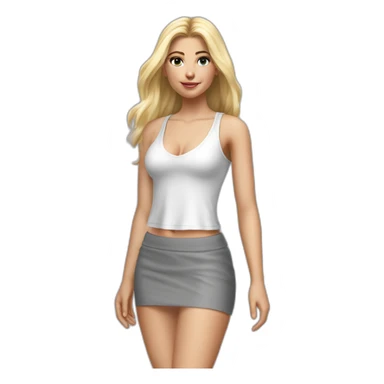 hyperrealistic caucasian blonde, long straight hair, white deep v-neck crop tanktop, gray tight mini skirt, walking body view sticker