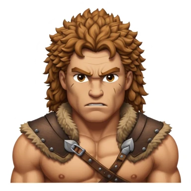 Cinematic Realistic Barbarian Hercules Portrait emoji, depicted as a fierce Greek hero with the chiseled features of Michelangelo's David. His light tan, sculpted skin glows with timeless strength, and his thick, curly, golden brown hair cascades in wild, untamed curls reminiscent of a warrior’s mane. Instead of a flowing white robe with golden accents and a laurel wreath, he wears rugged, weathered leather and fur garments—a tattered, fur-trimmed cloak draped over broad shoulders and a simple circlet forged from iron and bone. His intense, determined eyes exude savage nobility, all rendered under dynamic natural lighting with a mythic, raw, radiant glow. sticker