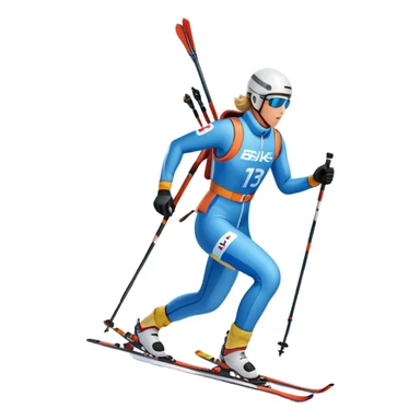 An icon featuring a biathlete in motion, holding a rifle and skiing across a snowy course. The backdrop includes snow-covered trees, distant mountains, and a clear blue sky. Transparent background highlights the precision, endurance, and excitement of biathlon. sticker