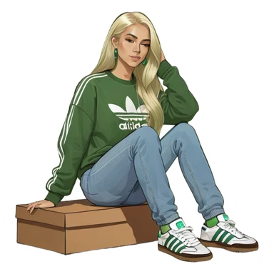 Girl with very long whitish blonde highlighted hair parted down the middle wearing denim jeans and adidas samba og sneakers with a brown sweatshirt sticker