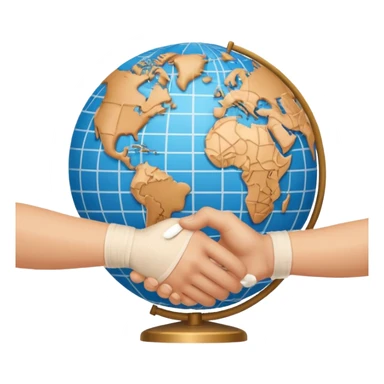instead of two hands holding a globe, we have two hands handshaking in front of a globe. And in the background, we can see that the globe has a bandage or something. THE GLOBE HAS THE BANDAGE NOT THE HANDS sticker