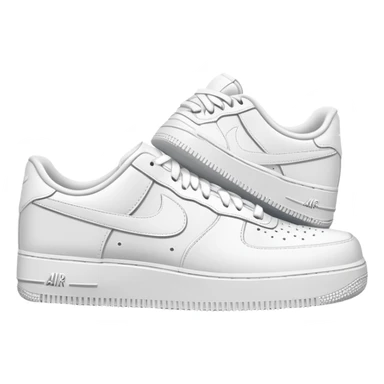 A pair of all-white Nike Air Force 1 sneakers positioned with one behind the other, clean white leather, classic AF1 silhouette, chunky sole sticker