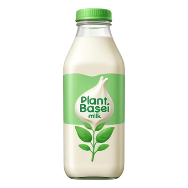 A 3D cartoon bottle of plant-based milk identical to dairy milk, small green tint or leaf mark, Memoji-style. sticker