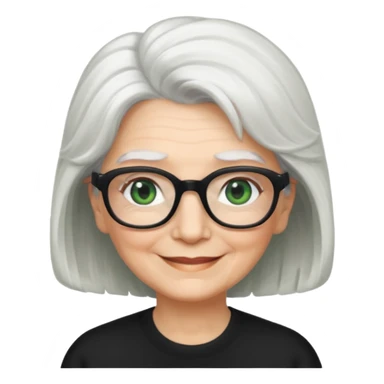 White hair grandma, green eyes, hair to shoulder, lokeg black glasses, rectangles face, smile , sticker