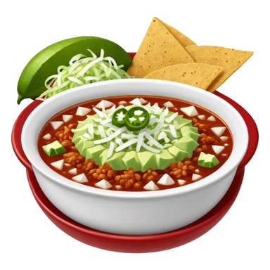 A delicious hot bowl of pozole rojo with separate sides: white chopped onions, green shredded cabbage, lime wedges, red chile de arbol salsa, and tostadas sticker