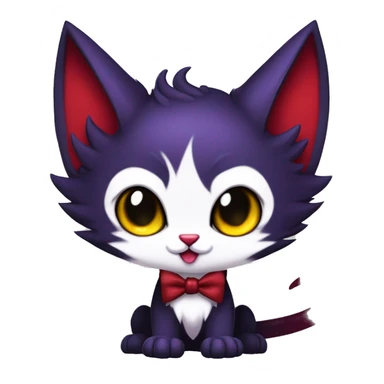 Cute-Evil-Vampiric-Batty-Cat-Black-Purple-Red-Yellow-Contrast-Colors-Fantasy-Fur-Sona-Chibi-Shiny-Fakémon-Hybrid with horns and big fangs neck bow white tie leg spats full body sticker