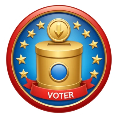 circular achievement style badge for first voter featuring a ballot box and a classy border sticker