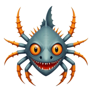 A angangular fish with acid all in his body and his eyes  replaced with shark teeth and his hand in his back ( four hand) and his spines will be very spiky  and his leg will like a spider and last his eyes or 4 eyes will be in his hands and the colour of the eyes will orange and black sticker