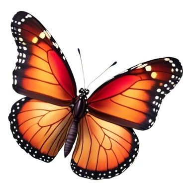 Cinematic Realistic Noble monarch Butterfly Portrait Emoji, Poised and elegant, with delicate, translucent wings rendered in rich ruby and scarlet hues, a slender, graceful body with intricately detailed textures, and soft, reflective eyes, illuminated by natural light, high shine, intelligent and regal, styled with an air of refined natural splendor, focused and attentive, soft glowing outline, capturing the essence of a watchful and confident monarch butterfly that appears to emerge majestically from the screen! sticker