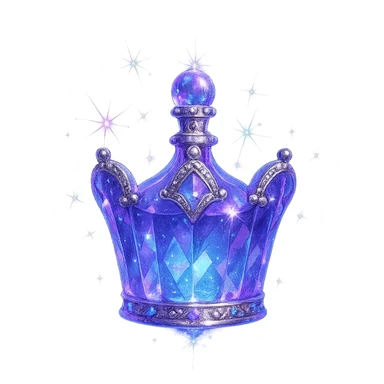 small luxurious crystal elixir bottle in crown shape, color #7986cb, ornate silver and iridescent details, ultra intense magical glowing and sparkling effects, very small neck, seamless bottom, bottle clearly floating in air, no base or shadow, modern, collection style sticker