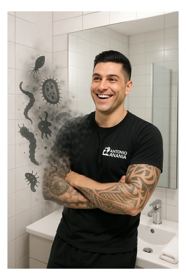 a man stands in a brightly lit bathroom, looking relieved and revitalized as he examines his reflection in the mirror. In the foreground, stylized, shadowy images of parasites (such as worms or protozoa) are shown leaving his body, dissolving into mist or fading away. His posture is upright and his expression is one of newfound energy and health. sticker