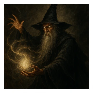dark wizard, long beard, pointed hat, casting a spell sticker