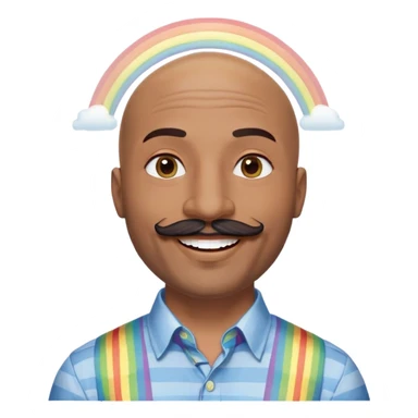 Oxumarê as a very happy and spontaneous smiling 37-year-old bald man with very dark skin, smooth oval head, indigenous facial features, mustache with circular beard only on chin, a round mole on the right side below the lip, wearing a blue striped dress shirt, with rainbow serpent, Memoji style sticker