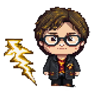 Harry Potter character with glasses and lightning bolt scar in pixel art style sticker