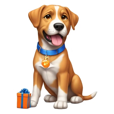 happy cute american stafford with simple blue collar with orange pendant from half side perspective with presents and gifts around him sticker