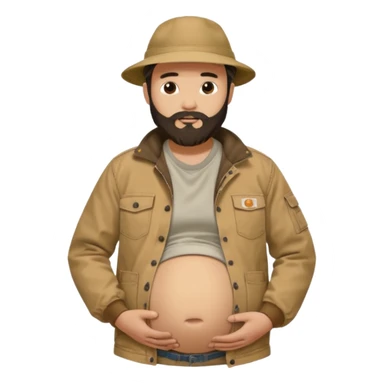Bearded man rubbing pregnant belly poking out of shirt wearing a tan canvas carhartt jacket with  chinese hat on sticker