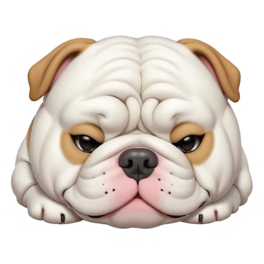 Cinematic Meme-Worthy Chubby Sleeping White English Bulldog Portrait Emoji, Head resting peacefully with a contented smile, showcasing a delightfully chubby build and a luxuriously soft pure white coat, eyes shut in a serene nap, Simplified yet hilariously adorable features, highly detailed, glowing with a soft, drowsy light, high shine, relaxed and utterly lovable, stylized with an air of playful laziness, bright and heartwarming, soft glowing outline, capturing the essence of a comically sleepy guardian, so meme-worthy it feels like it could instantly become the next viral sensation of adorable slumber! sticker