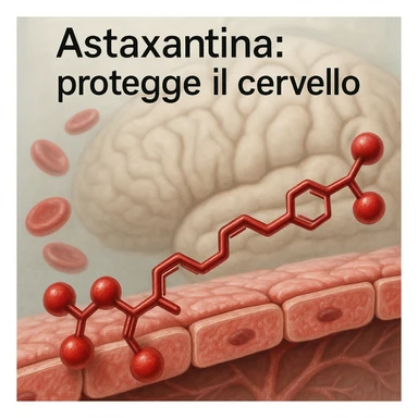 hyper realistic red astaxanthin molecule crossing a stylized blood-brain barrier, clinical atmosphere, realistic details, with text 'Astaxantina: protegge il cervello' sticker