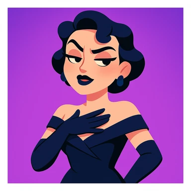 cute animated 3D cartoon character of a glamorous woman with short black hair in elegant curls, wearing a dark navy blue off-shoulder gown and long black gloves, confident slightly smug facial expression with bold dark makeup including black lipstick and sharp eyebrows, hand placed on chest as if in disbelief or sass, bright purple gradient background, mobile game character art style sticker