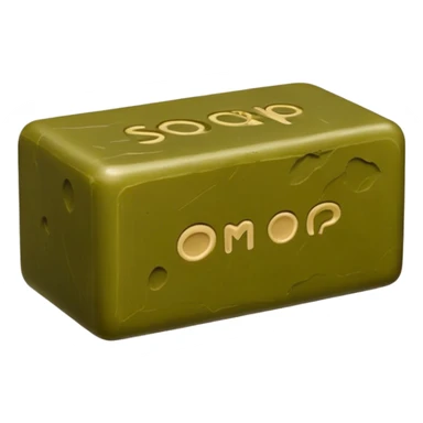 cube or rectangular soap bar in olive green or brownish hues, matte rustic surface, slightly irregular edges, lightly embossed seal or stamp, no foam or packaging, soft lighting, subtle shadows, emoji scale sticker