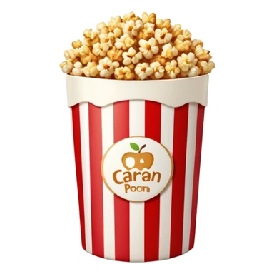 caramel popcorn in an extra large red and white vertically striped package, thick bold stripes, golden brown caramel popcorn, authentic Apple emoji style with glossy finish and subtle gradients, package dominates the image, minimalist clean design, no text sticker