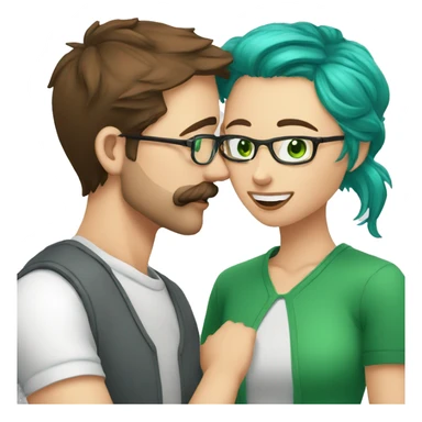 A man with brown hair blue eyes and a mustache is kissing a green haired girl who is thin with green eyes and wearing glasses sticker