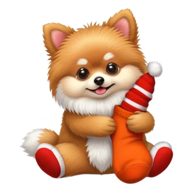 A Pomeranian with sock monkey toy sticker