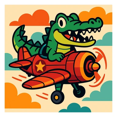 a crocodile merged with a classic bomber plane, cartoon style, dynamic, fun sticker