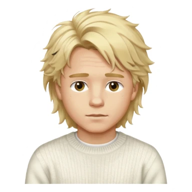 Create a look for a blond boy with long, tousled hair, light eyes, a white sweater, a wealthy appearance, blue eyes, and accessories like a Rolex or Cartier watch, and a cute face with messy hair down. sticker