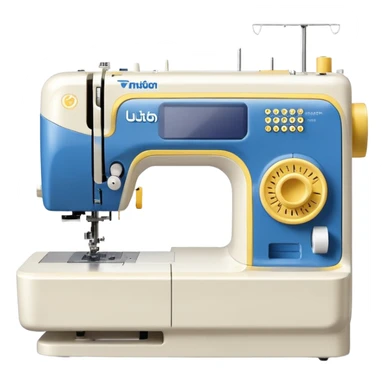 Modern Brother-style computerized sewing machine emoji, white and this yellow #FFB31E and light gray with a blue thread spool, small LCD screen and round dial, three-quarter view, soft gradients and shadows in Apple emoji style, plain light background. sticker
