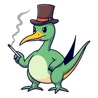 A pterodactyl smoking a joint wearing a top hat sticker